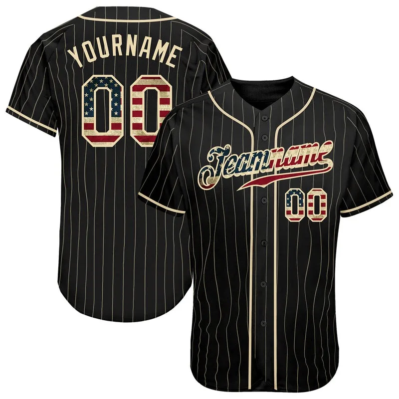 Custom Black Customized Pinstripe Vintage USA Flag-Customized Authentic Baseball Jersey