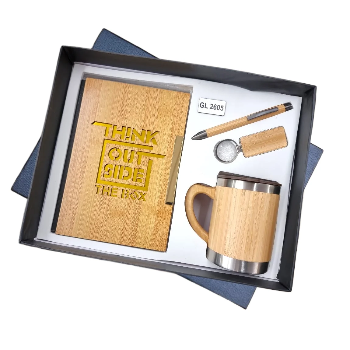 4 in 1 Promotional and Business Gift Set Bamboo Look Wood Notebook, Steel Mug, Keychain, Ballpen at Affordable Prices