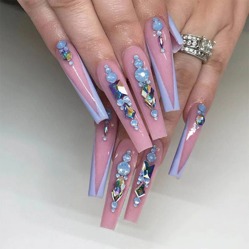 24Pcs/Set With Sticker Rainbow Ballerina Full Cover Press on Nail Art Tips Artificial Long Coffin Designed Press On Nails