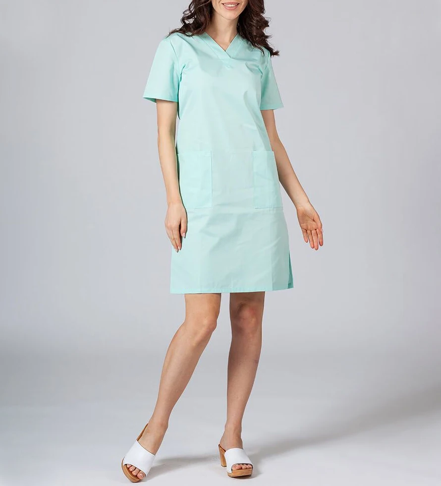 Hospital Scrubs 2 Pockets Slim Middle Women Scrub Dress Nurse Styles Design V-Neck Nurse Medical Uniform Dress