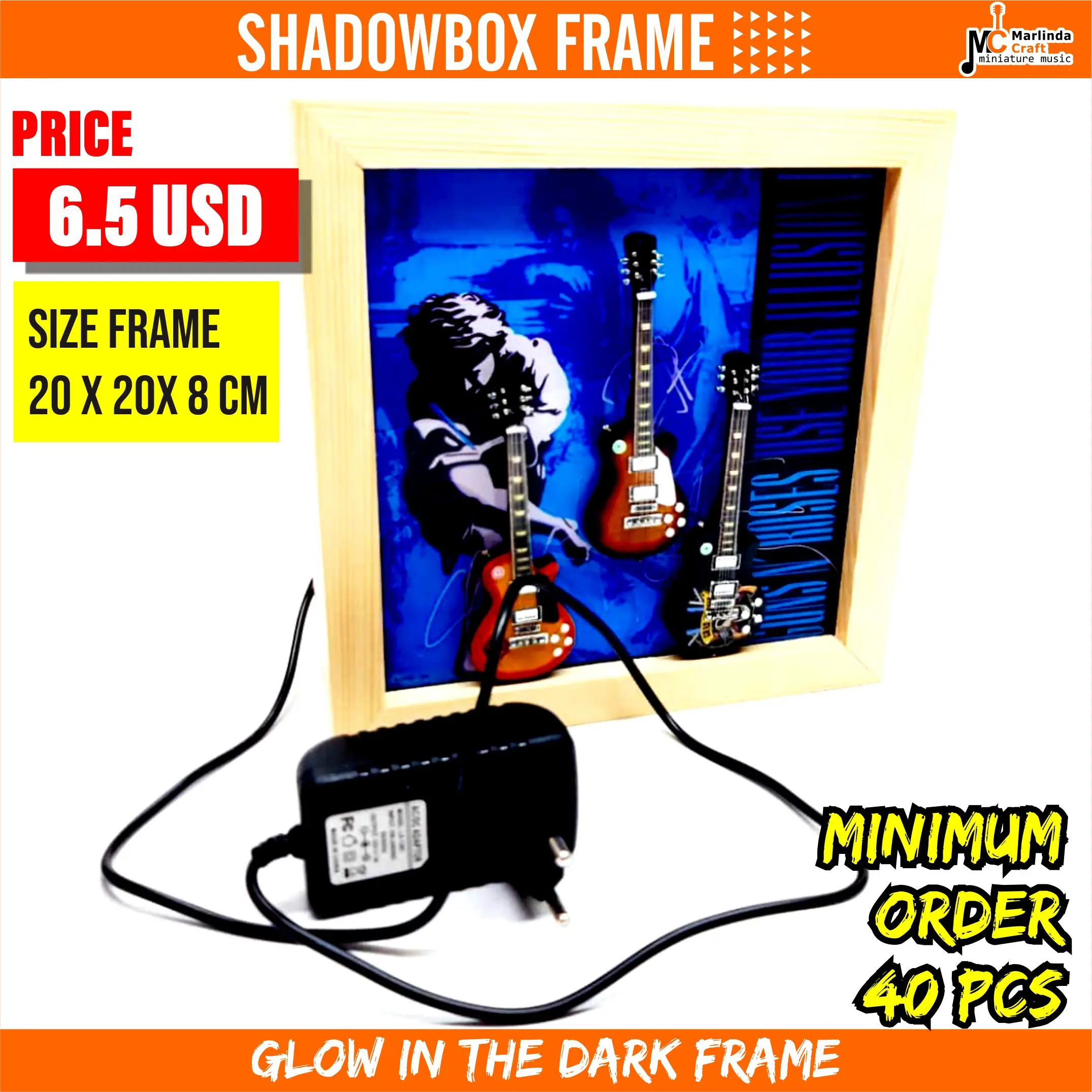 Wooden Display Shadow Box frame Custom with electric light lamp and acrylic picture design Handmade Craft musical instrument