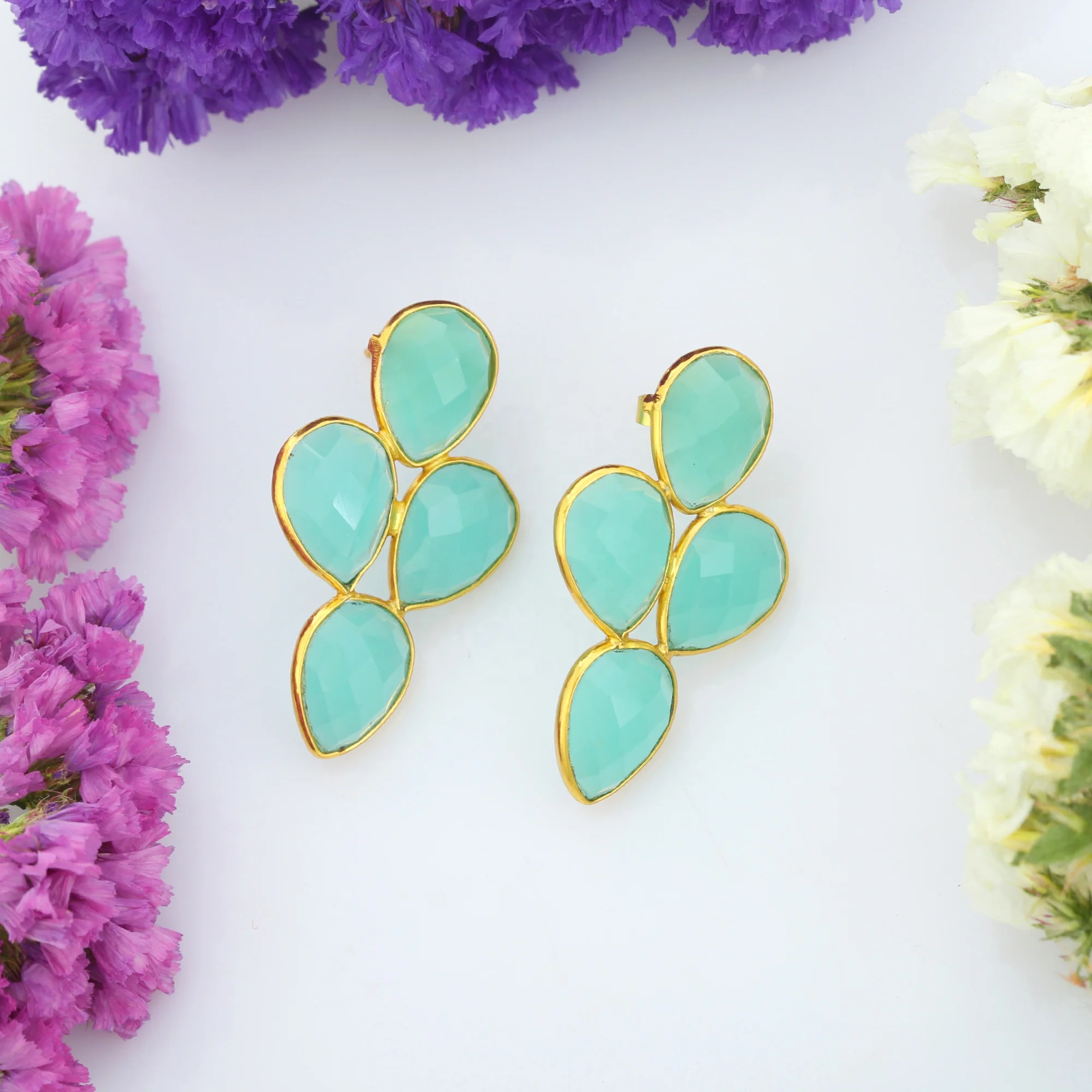 Aqua Chalecedony Earring Gold Plated 925 Sterling Silver Earrings Fine Jewelry Pear Shape  Earrings