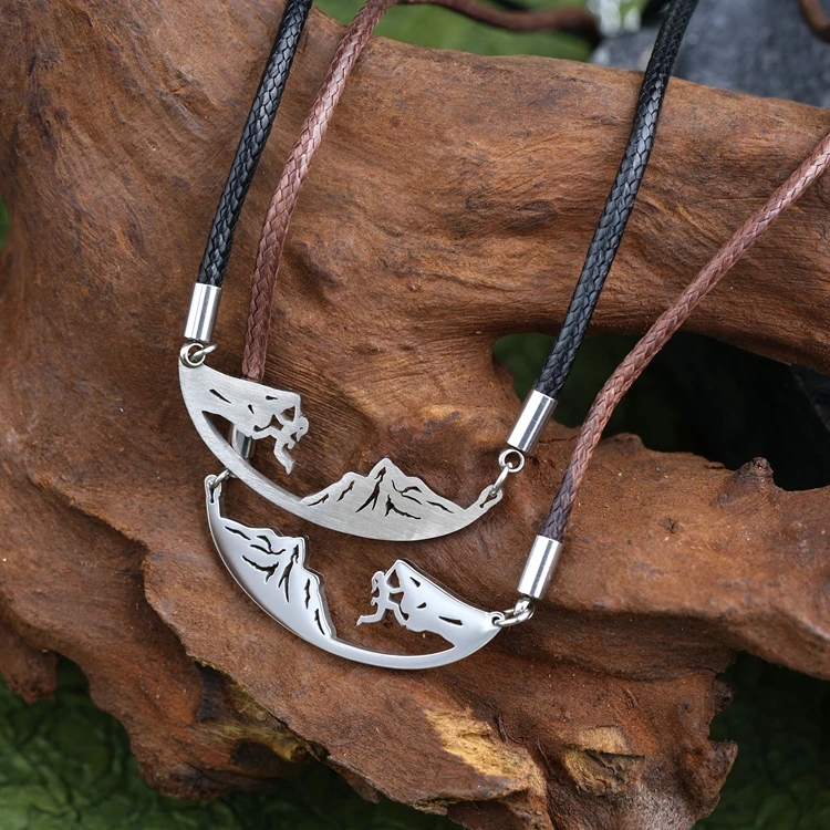 Designed Hollow Round Rock Climber Boy Pendant Climbing Jewelry Necklace Stainless Steel Thick Leather Cord Necklace For Men