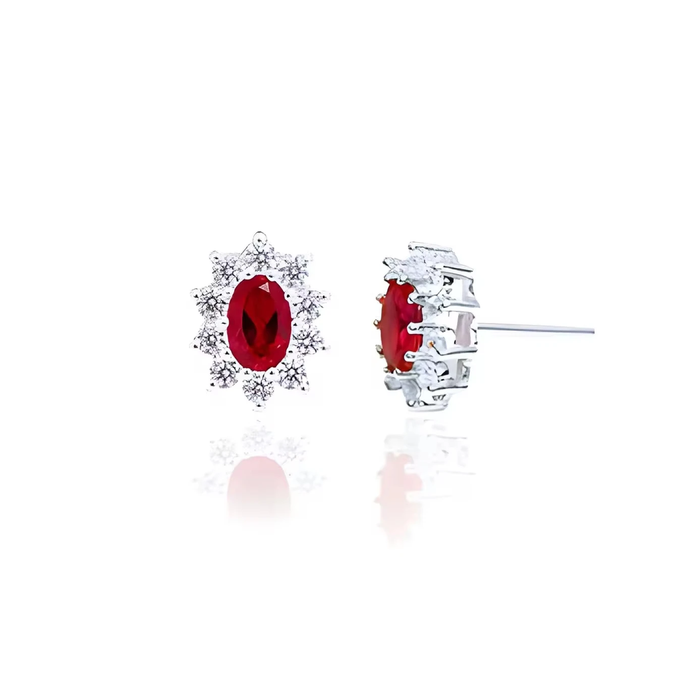 925 Sterling Silver Oval Cut Ruby Stud Push Back Red and White Color Zirconia Earrings Rose Gold Plating Diamond Women Earring