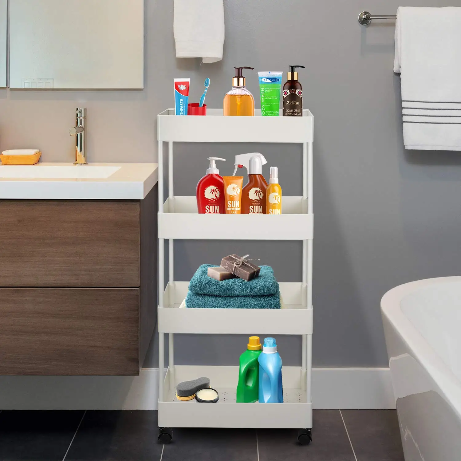 4 Tier Bathroom Storage Utility Grocery Laundry Metal Rolling Cart with wheels