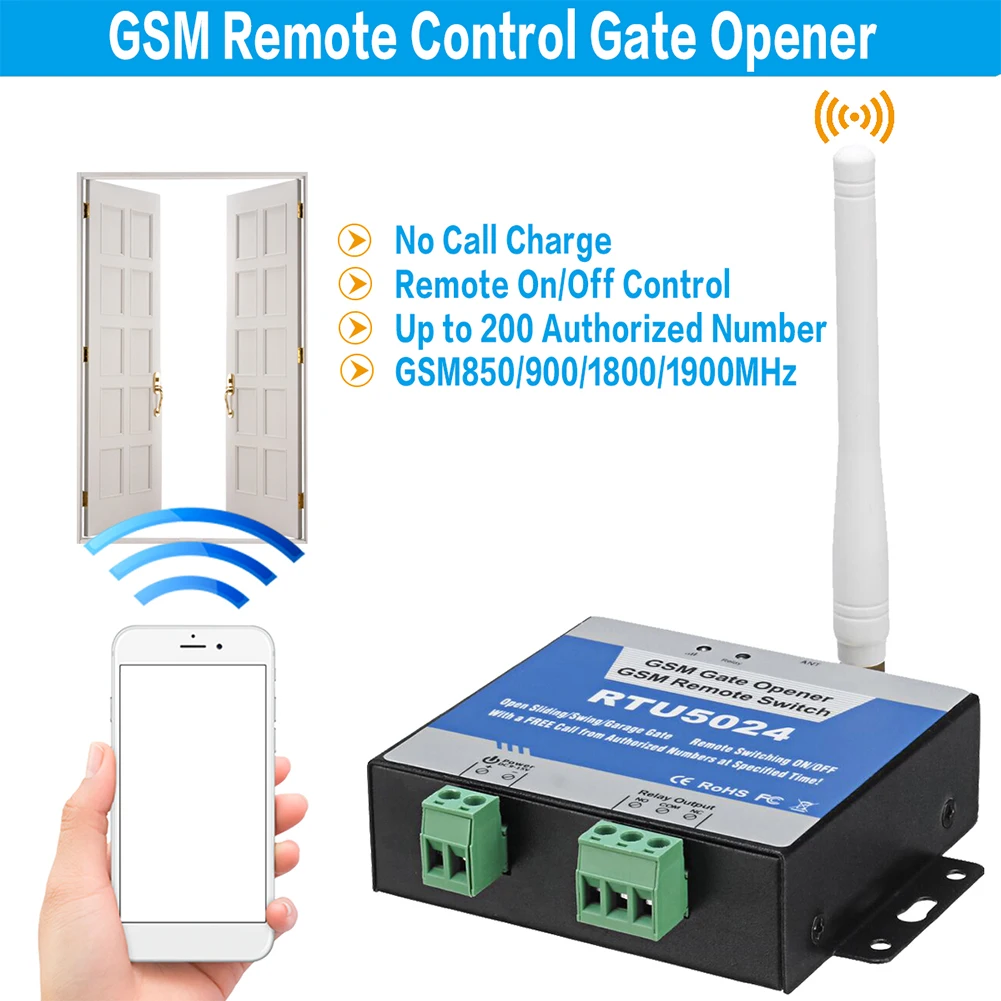 GSM Gate Opener, RTU 5024 Access Controller, Remote On/Off Switch Free Call SMS Command Support 850/900/1800/1900MHz