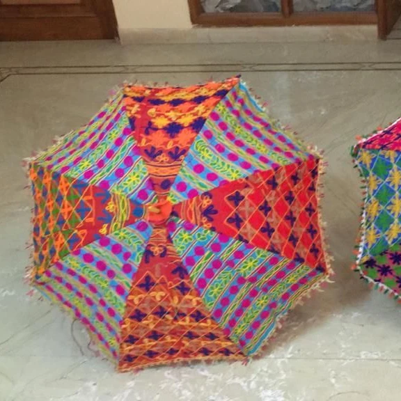Handmade Colorful Embroidery Flower Umbrella Rajasthani Bagru Printed Parasol Outdoor Garden Umbrella Beach Umbrella