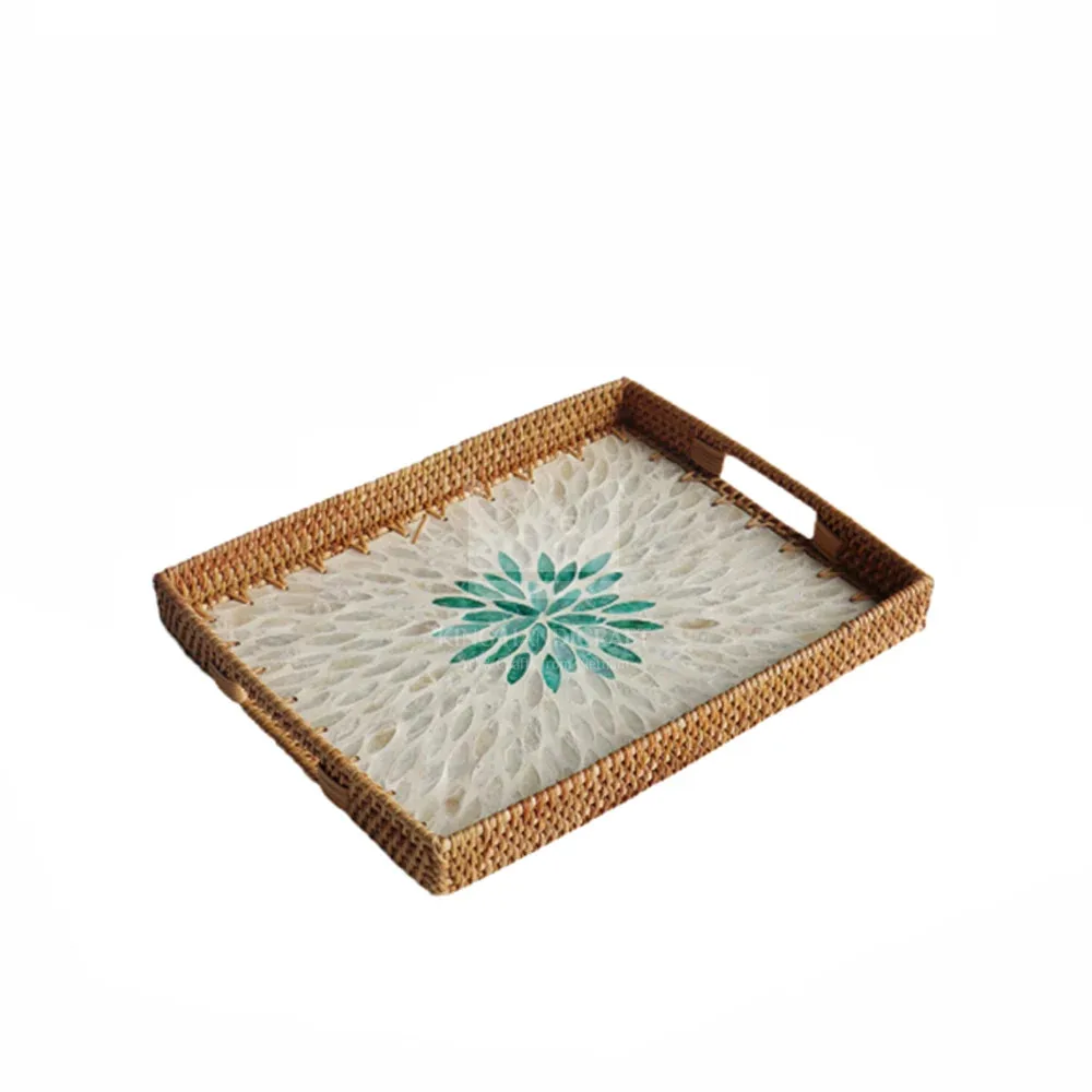 For Home Decor Table High Quality Logo Custom MOTHER OF PEARL RATTAN TRAYS (set of 2) Made In Vietnam