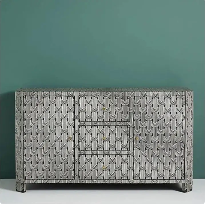 Modern Trending Hot Selling Bone Inlay Handmade 3 Drawers 2 Door Sideboard Buffet Dresser Optical Pattern Bone Inlay Furniture