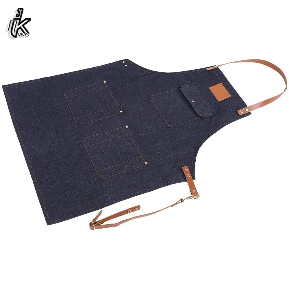 2022 New Denim Bib Apron for Women Men with Leather Strap Work Cook Uniform Apron