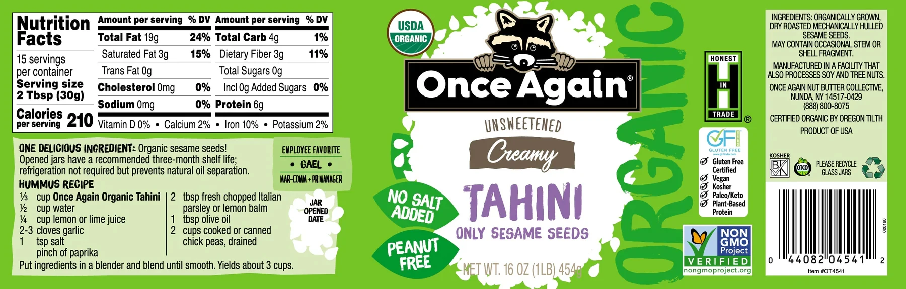 Premium Quality Organic Sesame Tahini Packed into 16oz jar Case of 6 Salt Free Unsweetened Gluten Free Certified Vegan