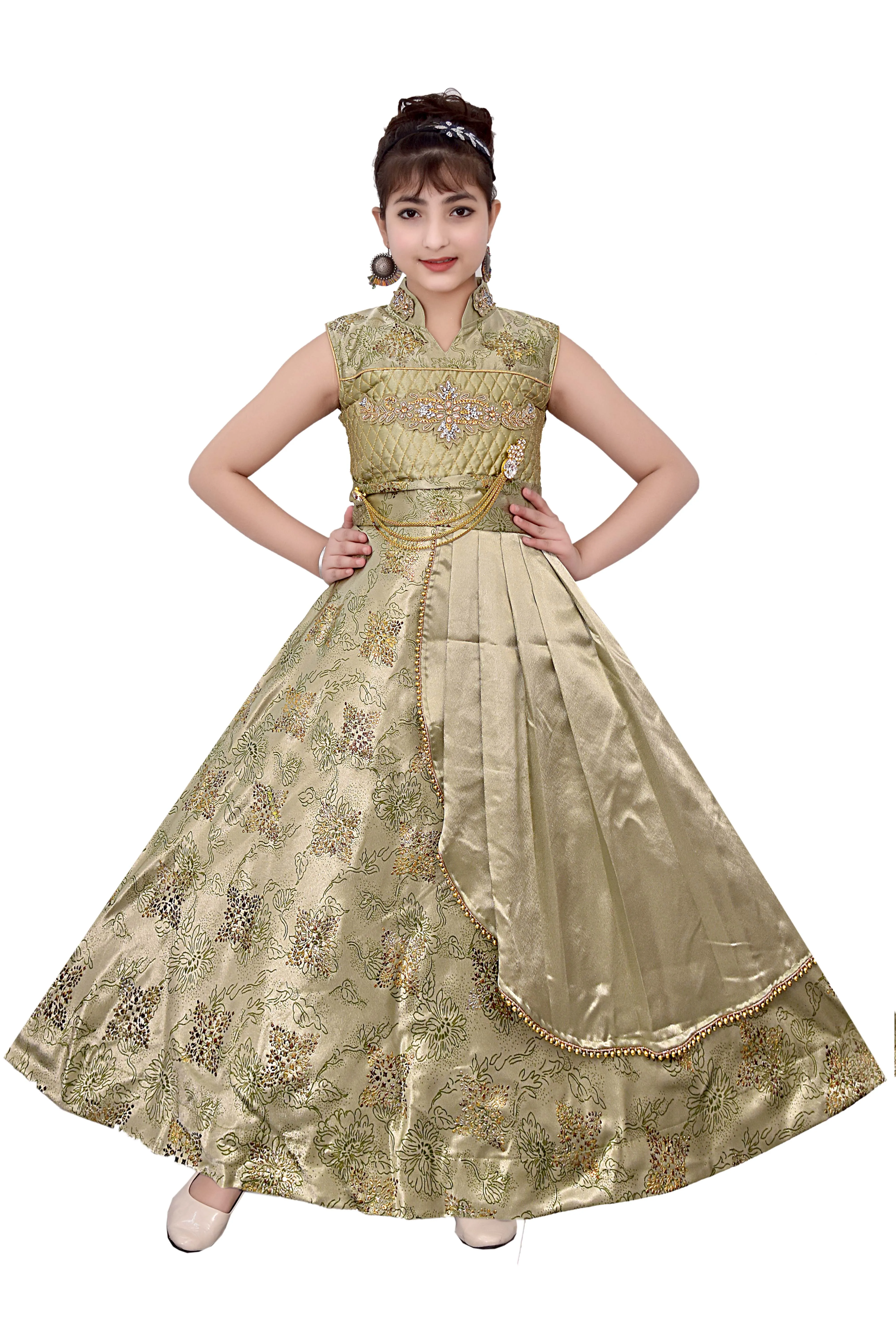Best Quality Most India Trending Silk Satin Floral Print Design Long Maxi Gown Dress For Girls  4 - 11 Years In Stock Item