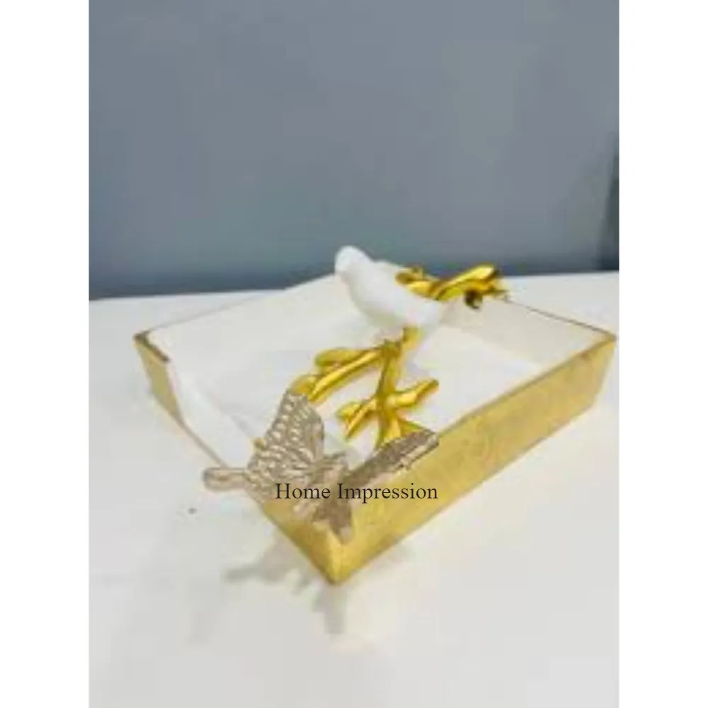 Factory Direct Supply Gold Plated Metal Leaves Tissue Paper Holder & Box With Butterfly Designer Table Decoration & Accessories