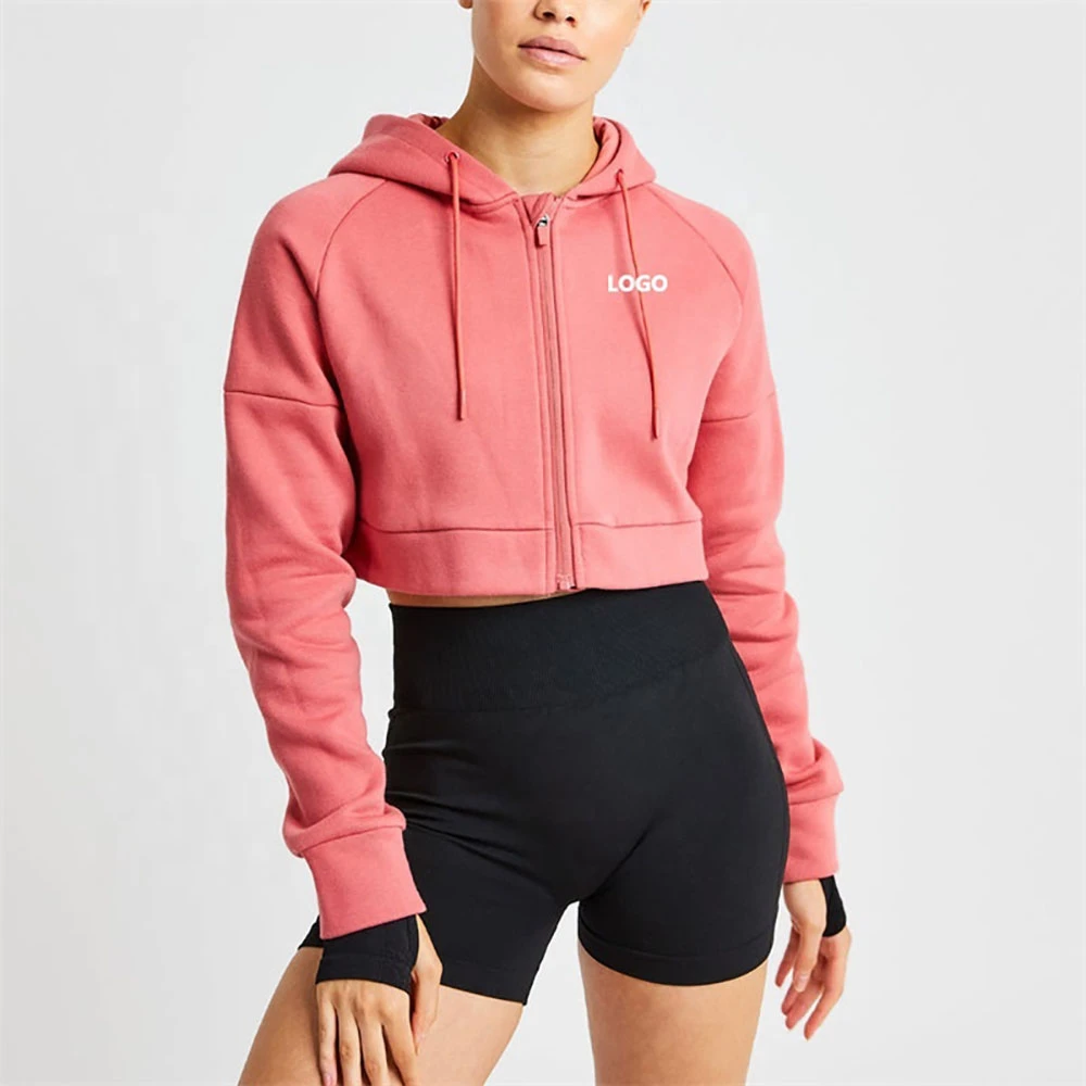 2024 Women Cropped Pullover Hoodie Wholesale Running Sport Half Zipper Long Sleeve Oversized Women Crop Top Hoodies Sweatshirt
