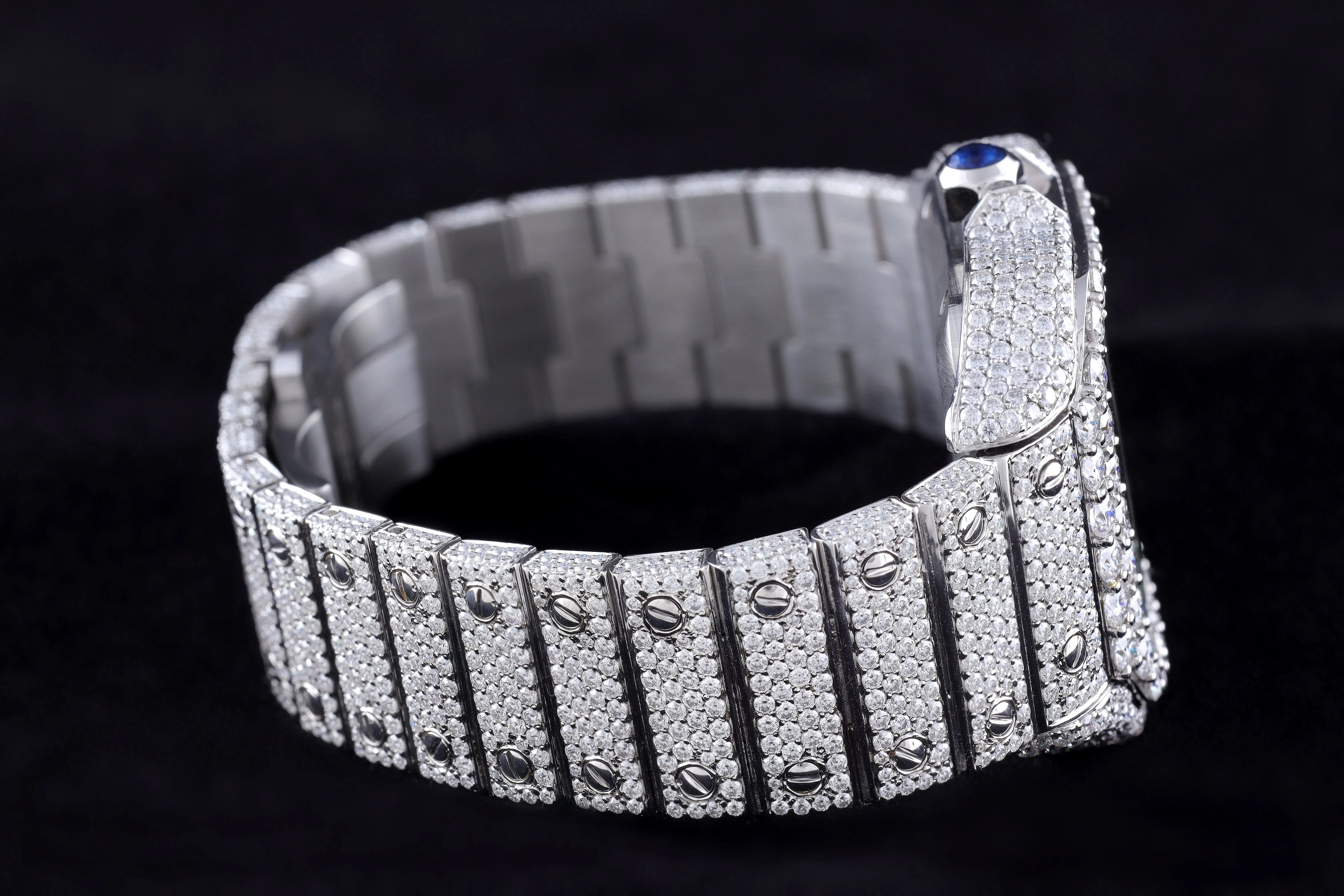 Stainless Steel Moissanite Studded Diamond Watch VVS Clarity Black Dial Analog Quartz Watches for Sale from India