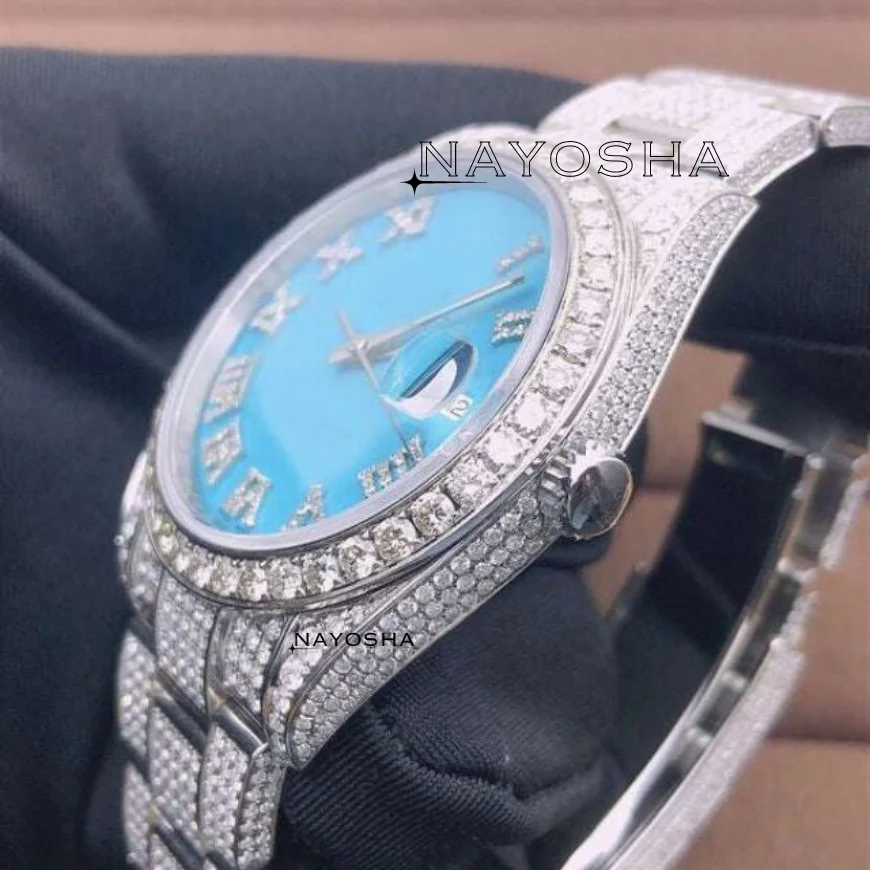 Latest Design SkyBlue Dial Colour Sterling Silver Watch For Male and Female Luxury Fine Jewelry Moissanite Diamond Studded Watch