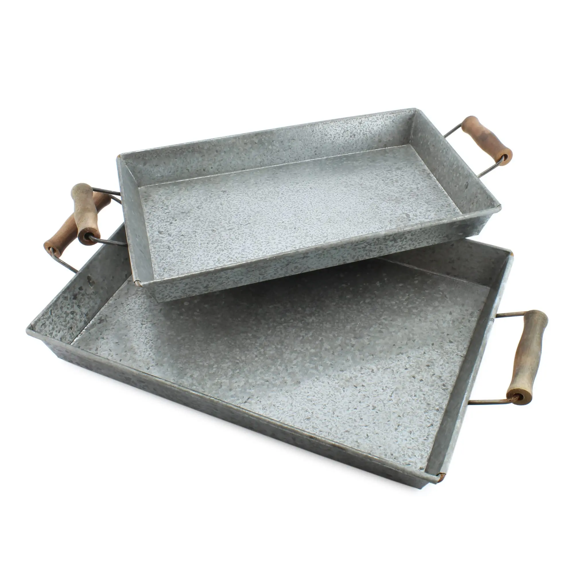 Set of Two Rustic Silver Galvanized Metal Decorative Serving Tray With Mango Wood Handles Galvanized Rectangular Tray