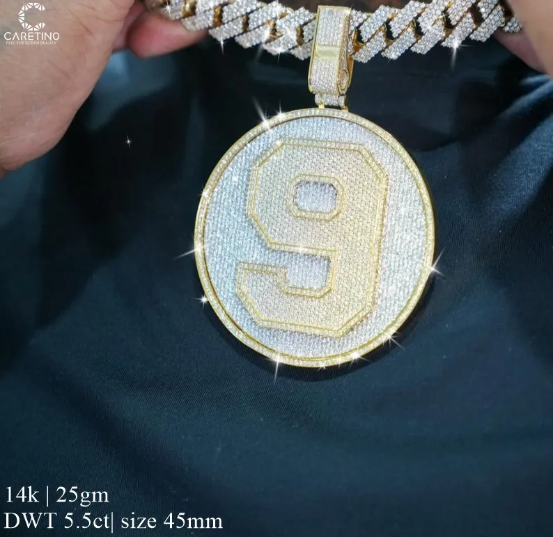 Iced Out Custom Moissanite Pendant 925 Silver Hiphop Round 9 Number Pendant Vvs Moissanite Charm Pendant