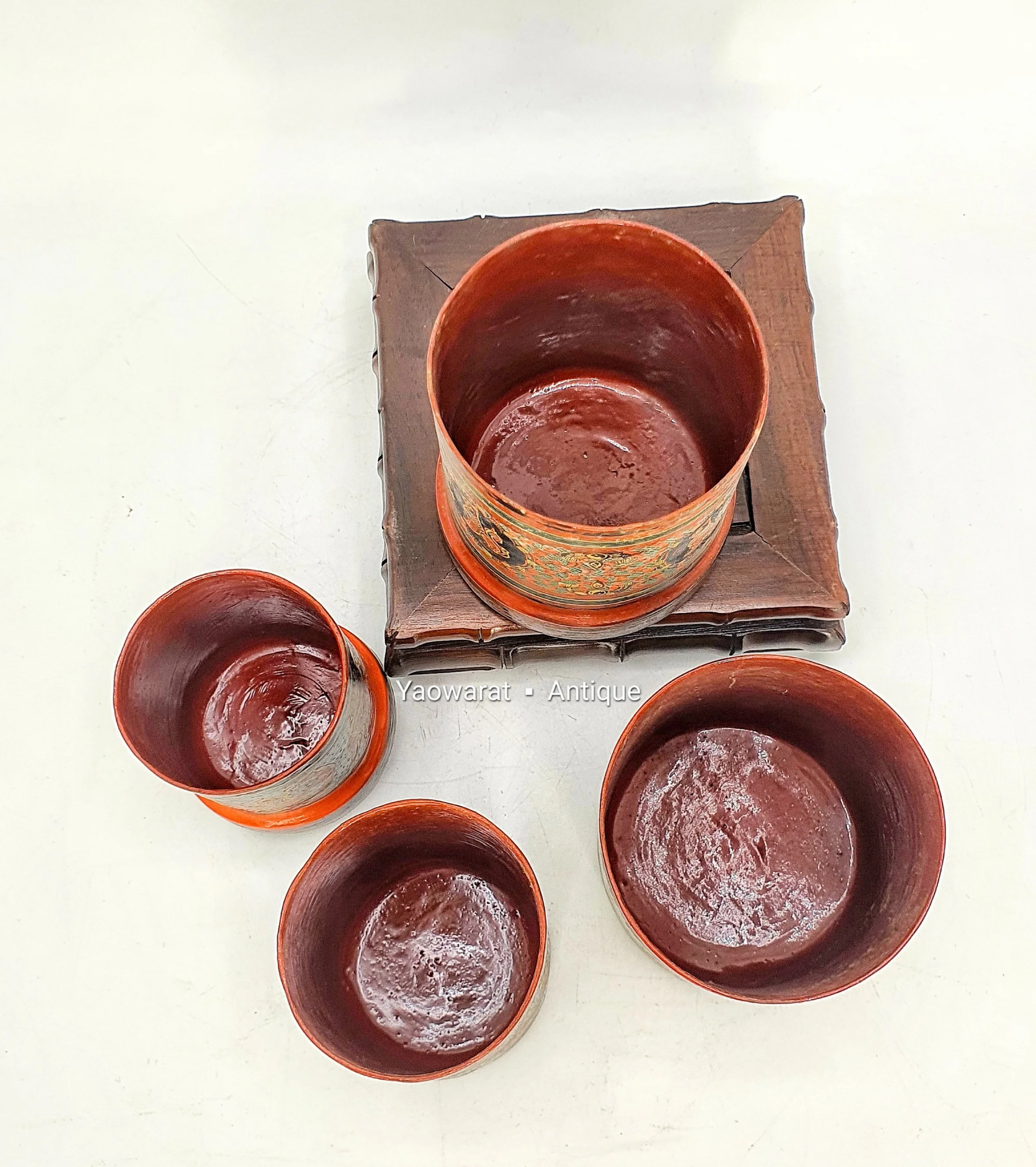 An Antique Group Of  Myanmar Lacquer Ware Cylindrical Shape Decorated With Animals For Collect And Decorated Home Decor