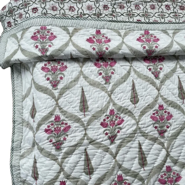 Jaipuri Handmade Quilt Indian Hand Block Printed Reversible Razai Cotton Voile Handmade Quilt Patch Work Quilt