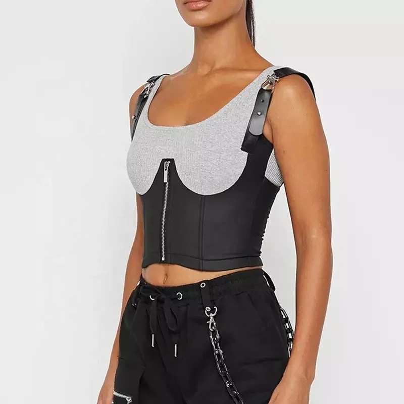 Fashion vest PU leather stitching sleeveless short zipper jacket discipline corset women