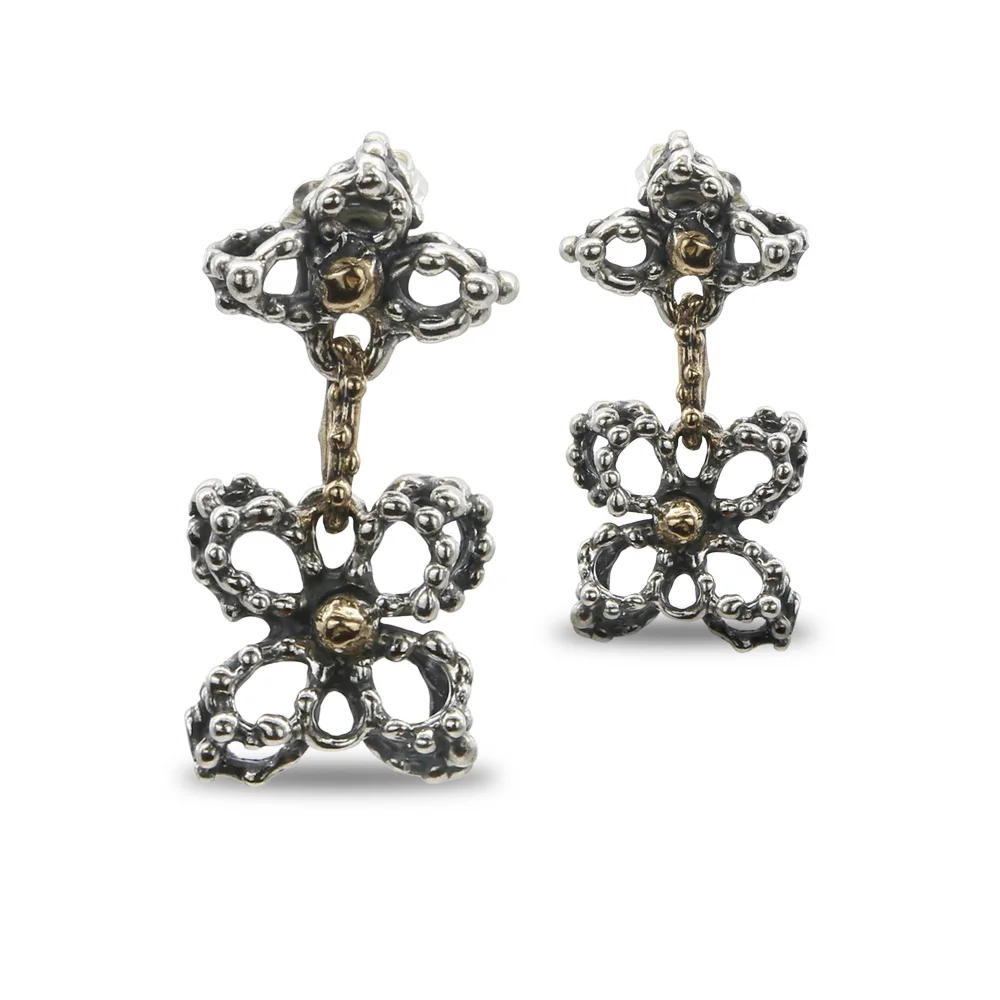 Handcrafted jewelry style top quality silver 925 and bronze stud closure and butterfly  flowers earrings