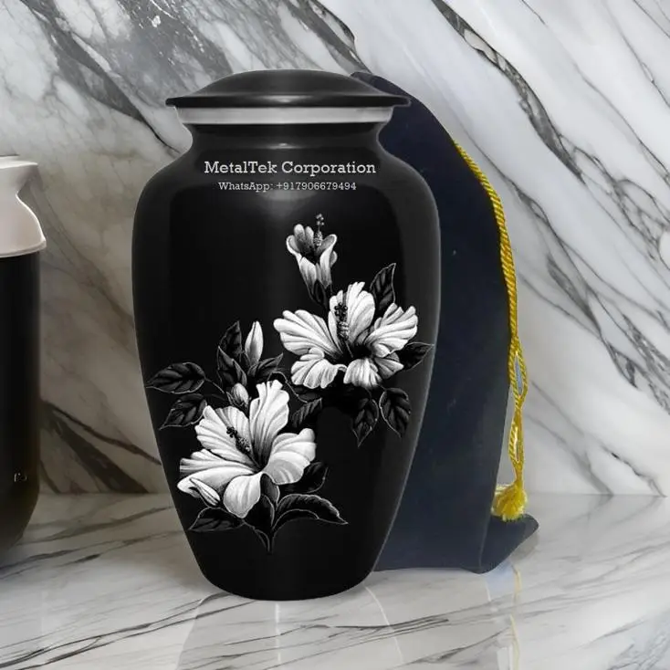 Hawaiian Hibiscus Flower Black & White Classic Floral Cremation Urn American Style Adult Funeral Burial Ashes Storage Metal Jars