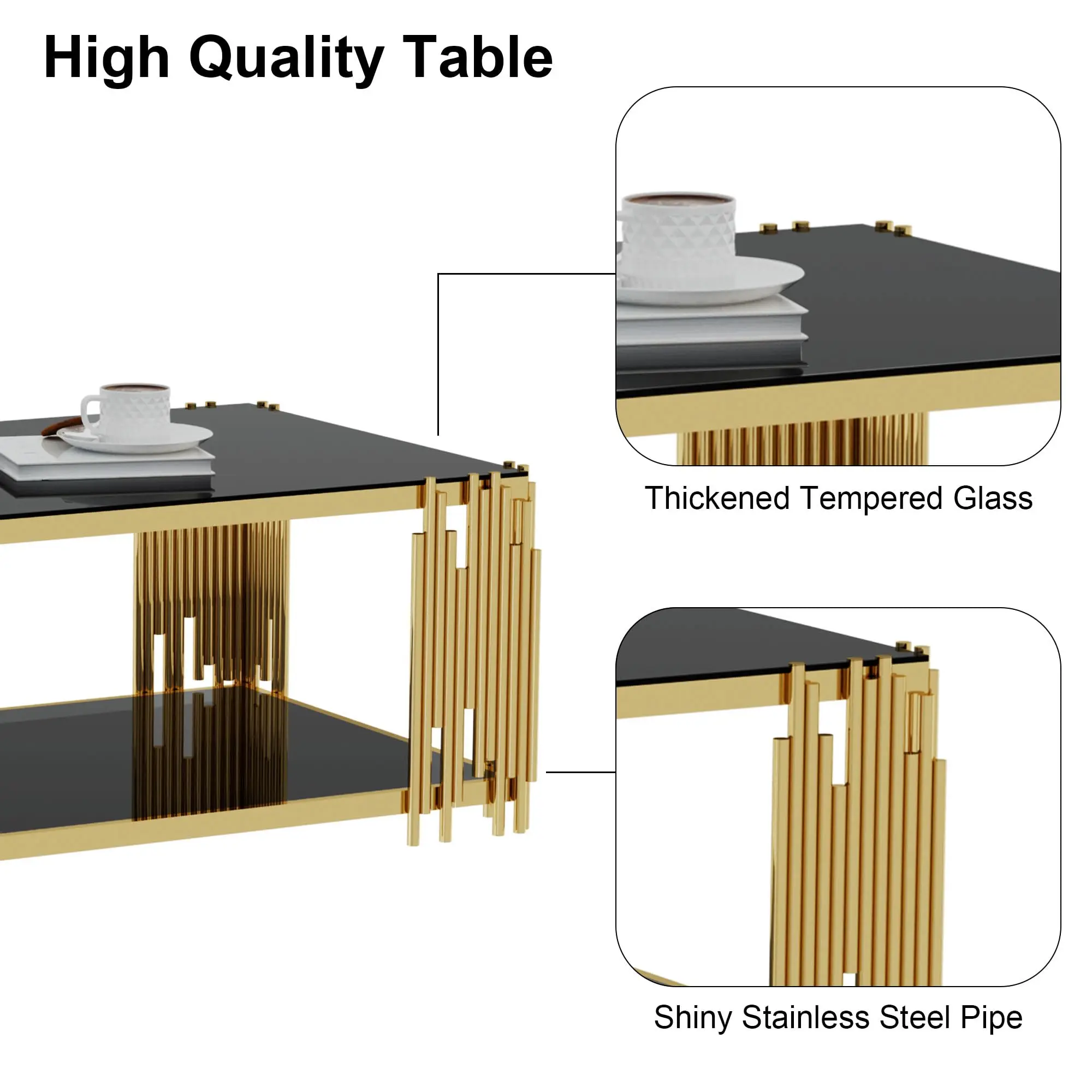 Luxury Modern Design Golden Simple Polished Tempered Tempered Glass Top Rectangular Coffee Table Coffee Table