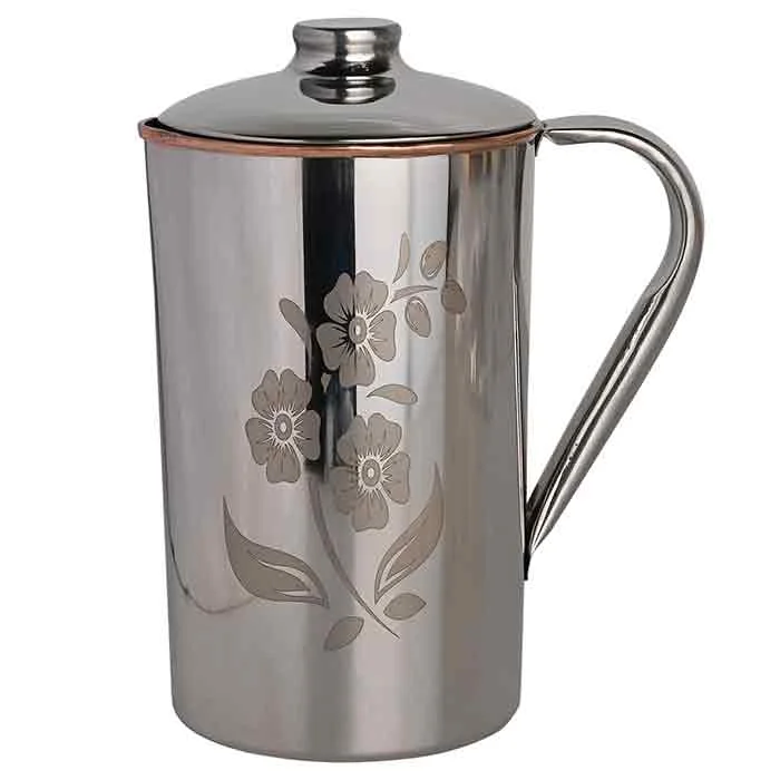 Buy Standard Quality Pure Copper & Stainless Steel Water Jug with Lid and Floral Pattern Designed 1.5 Liter Capacity Water Jug