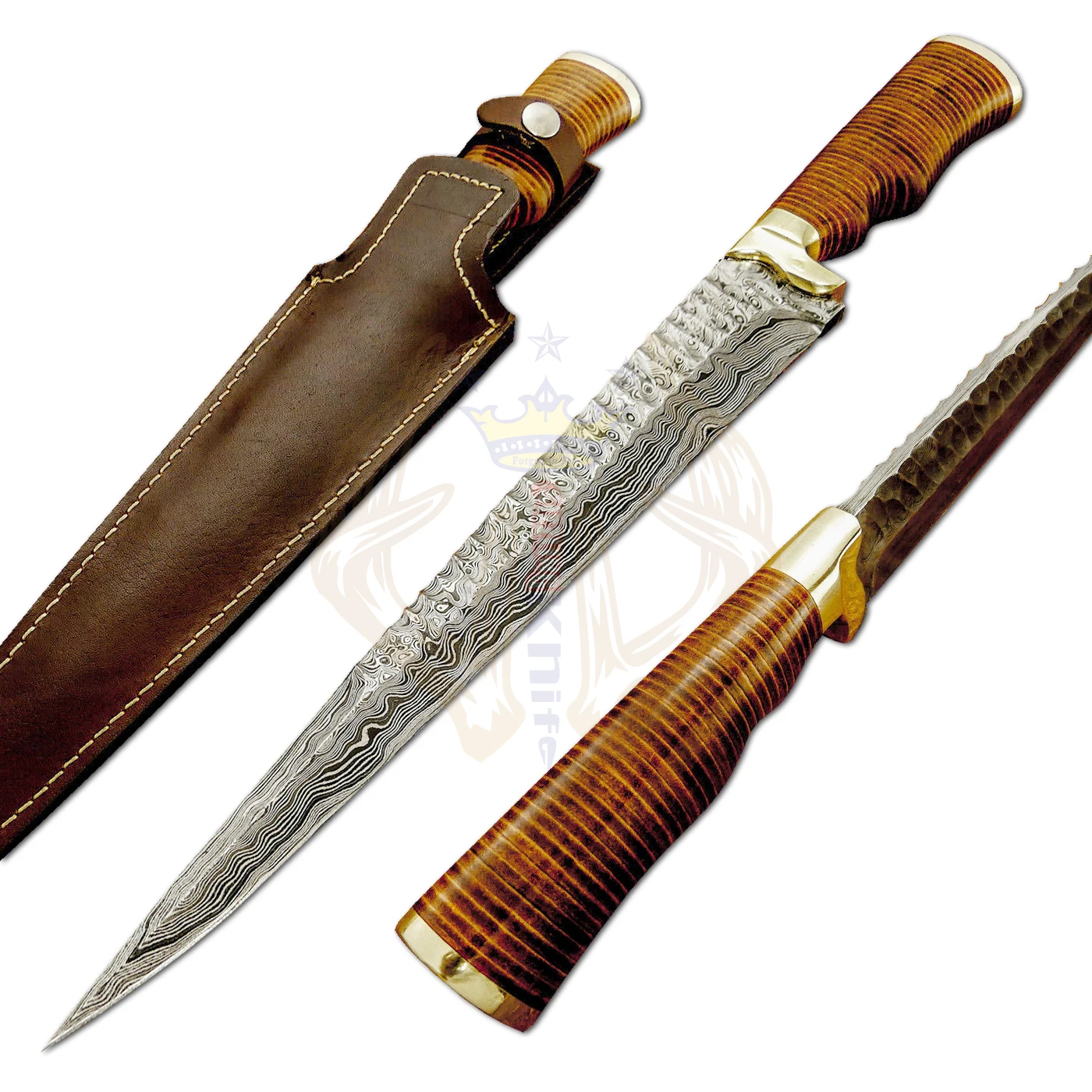 High Quality Custom Damascus Steel Professional Kitchen Chef Knife Handle Stacked Leather, Brass, Sheath Top Rated Selling item