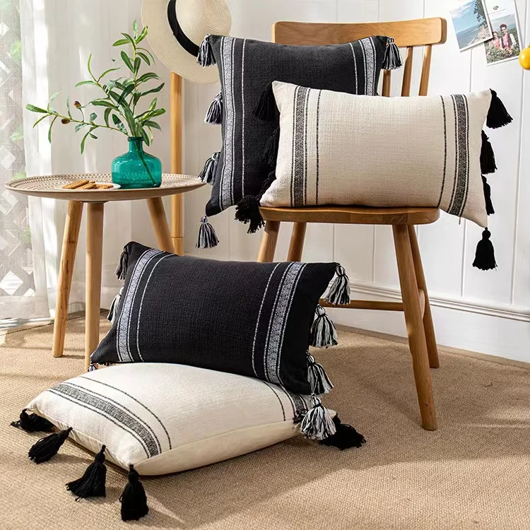 New Modern Fashion Simple Linen Pillow Boho Plain Black White Cushion Cover Home Decor Cotton Linen Tufted Throw Pillow Case