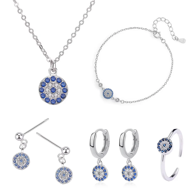 Vintage 925 Sterling Silver Zircon Lucky Turkish Blue Evil Eye Earrings Bracelets Necklace Rings Jewelry Set Women