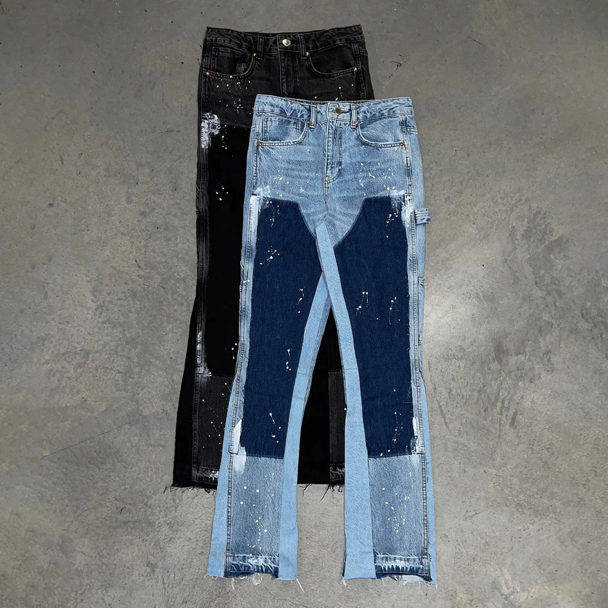Fashion Custom Black Splattered Slim Fit Washed Pants Skinny Stacked Denim Flare Jeans Men