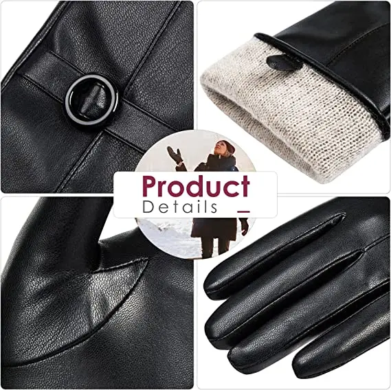 Womens Winter Leather Gloves With Touch Screen Texting Finger Wool Lined Outdoor Windproof Warm Suede Fashion Dress Gloves