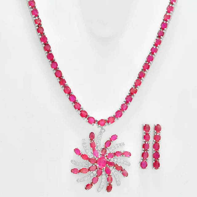 Top Demanding Natural Red Ruby 3x5 /4x5 MM Oval 925 Sterling Silver Tennis Style Necklace Earring Set Manufacturer From India