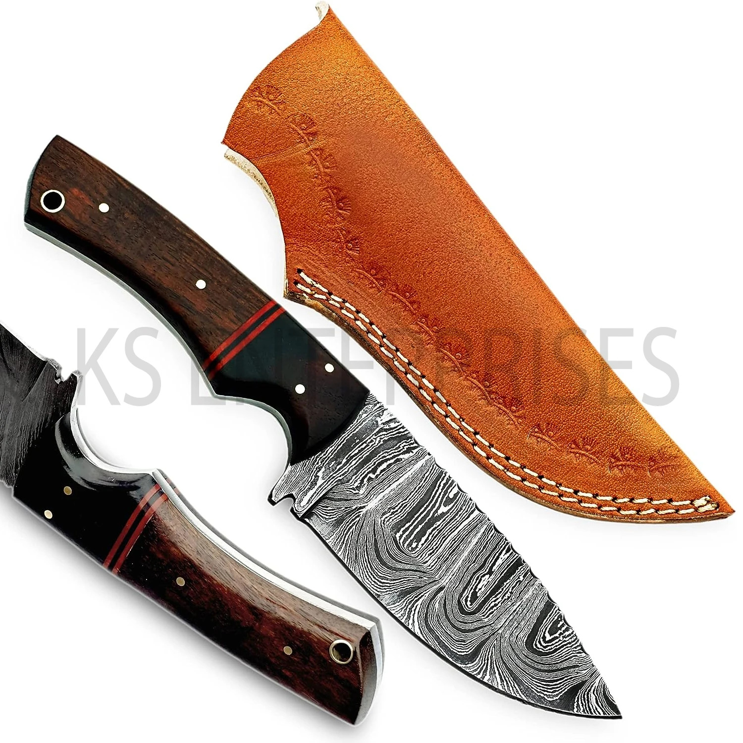 Custom Handmade Damascus Steel Blade Hunting Knife Fixed Blade Camping Knife With Leather Sheath