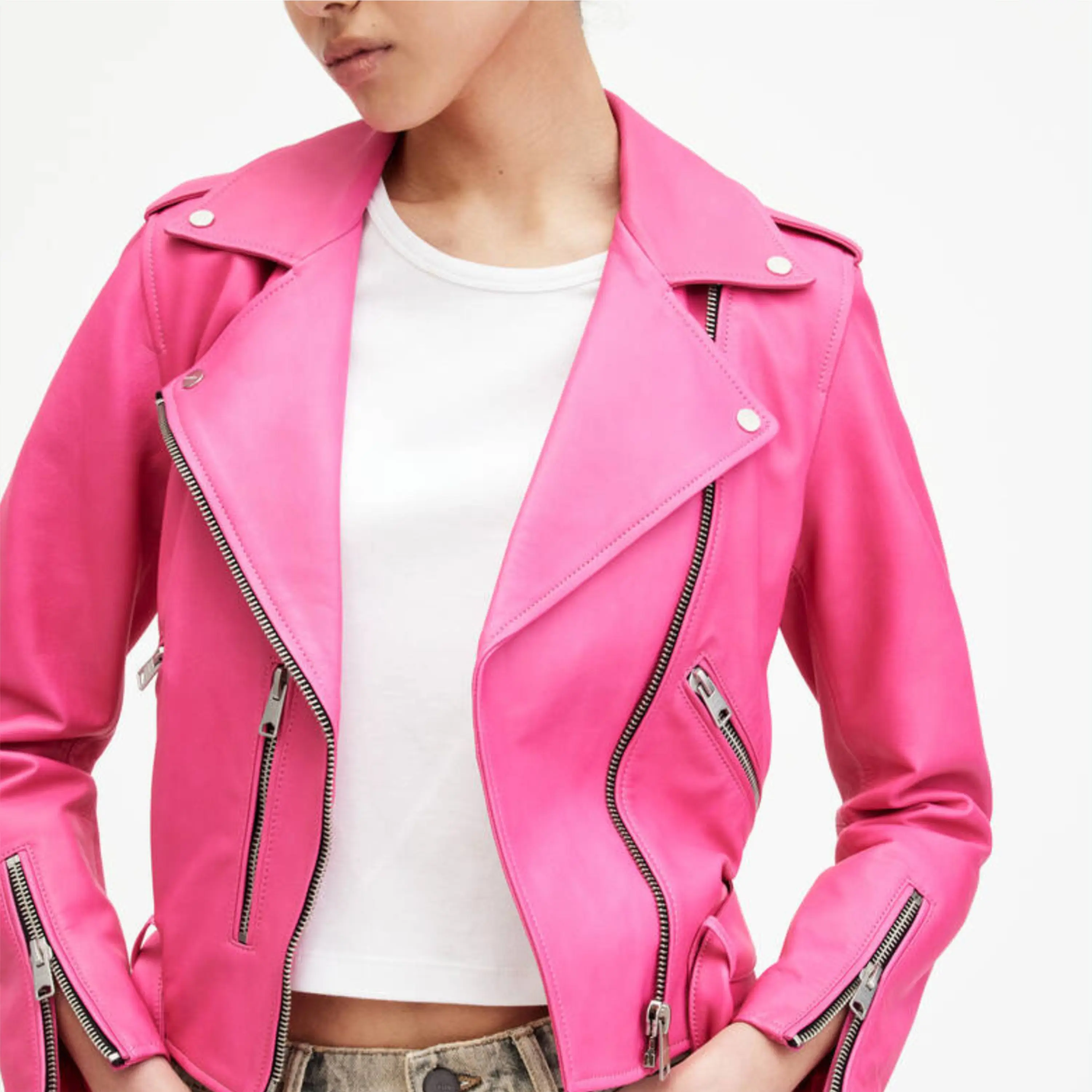 Real Leather Sheepskin Zipper Flashback Black Women Biker Jacket with Quilted Viscose Lining and Inside Outside Pockets