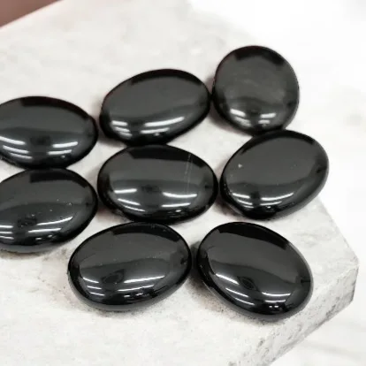 A++ Quality Black Obsidian Palm Stone Polished Crystal Agate for Healing Meditation and Feng Shui Carved in Chakra Style