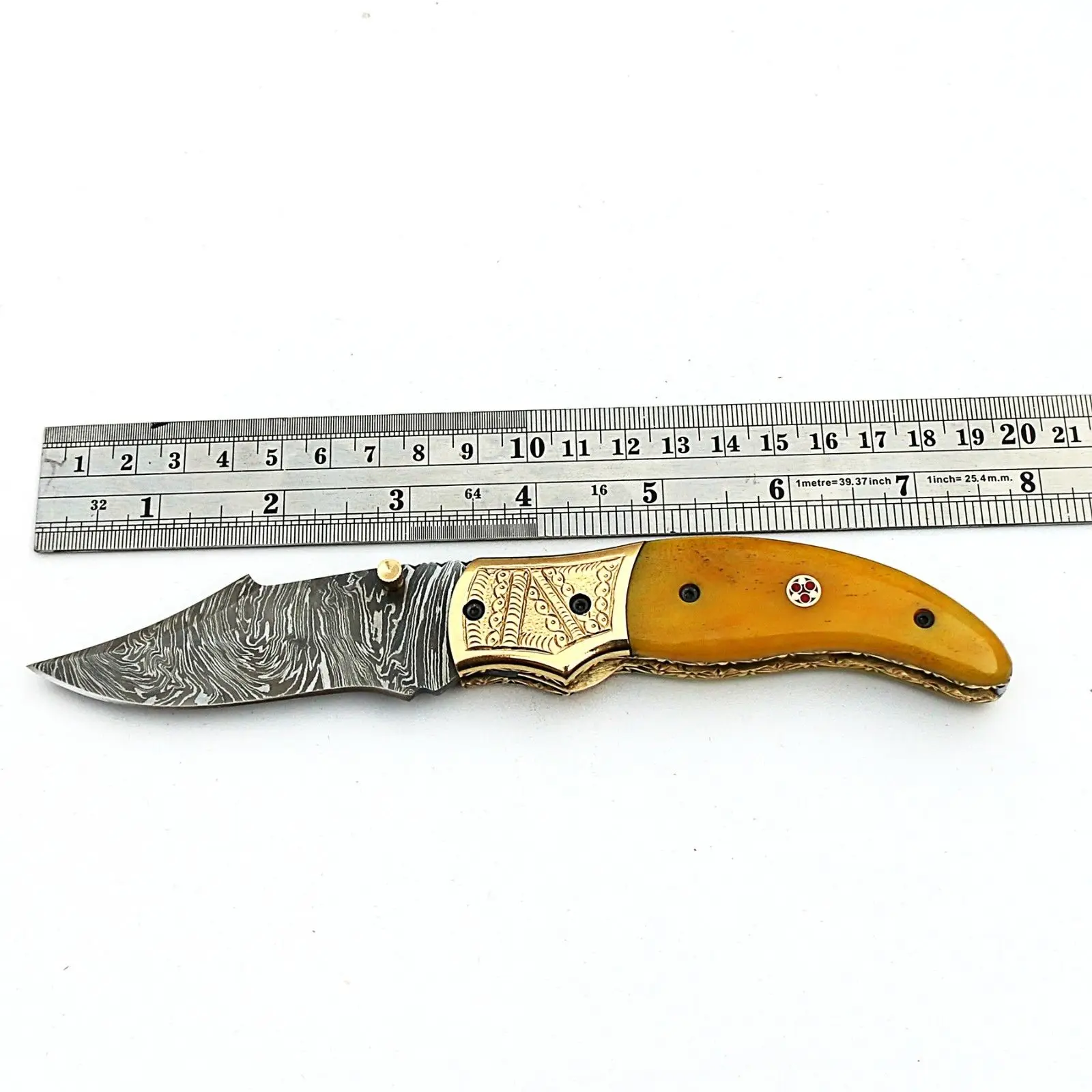 Custom Handmade Damascus Folding Knife Yellow Camel Bone Handle Pocket Knife Leather Sheath OEM Support Blade Material Steel