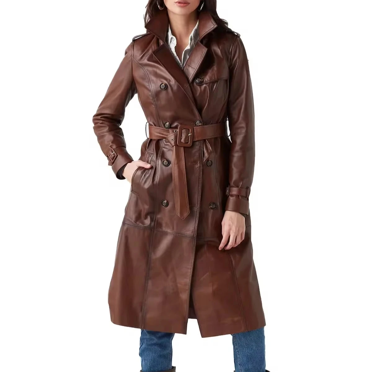 High Quality Womens Plus Size Clothing Real Sheepskin Stand Collar Long Coat Ladies Outerwear Belted Down Leather Trench Coat