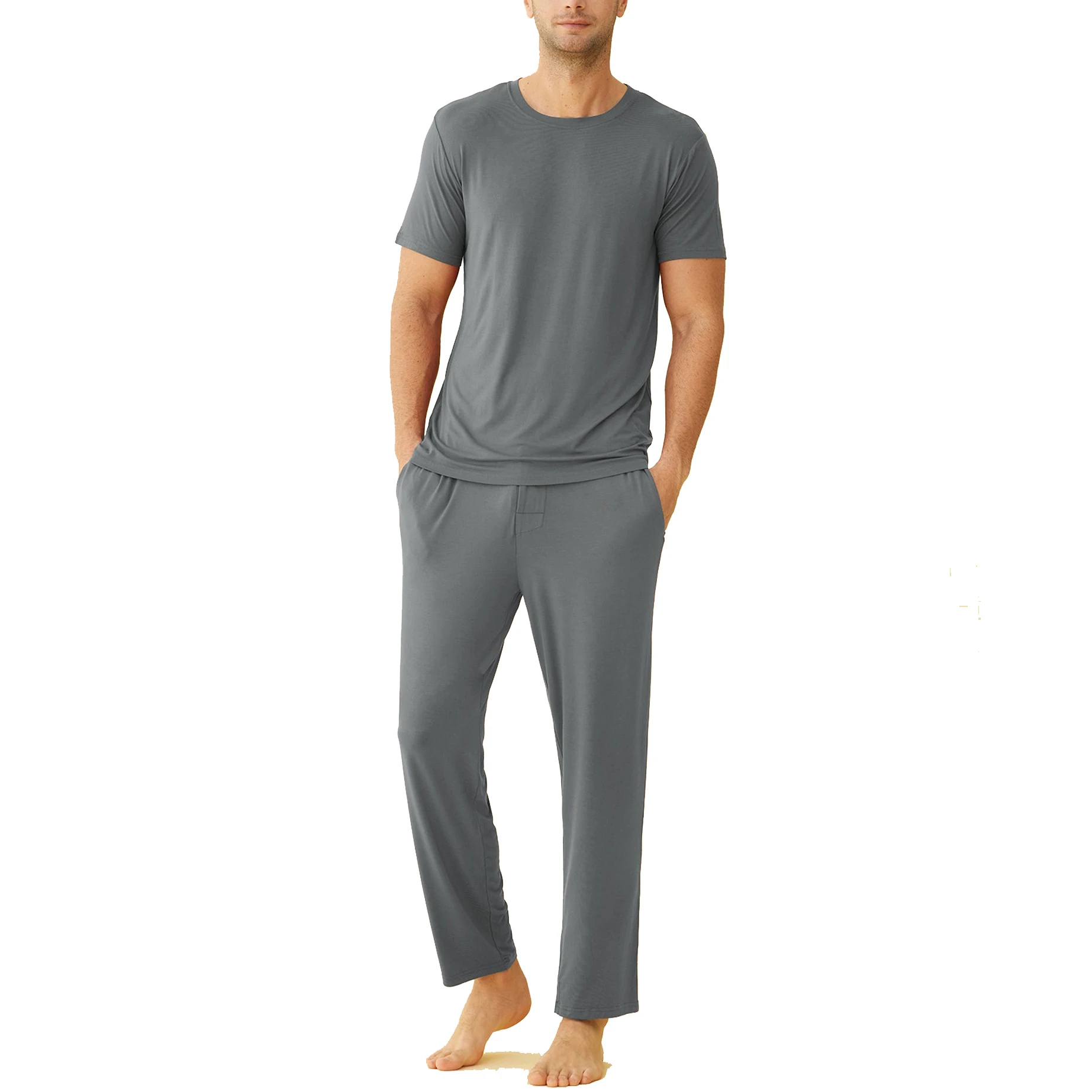 2024 Летняя Повседневная футболка с коротким рукавом и брюки из хлопка бамбукового волокна для отдыха мужчин круглым вырезом Мужские комплекты