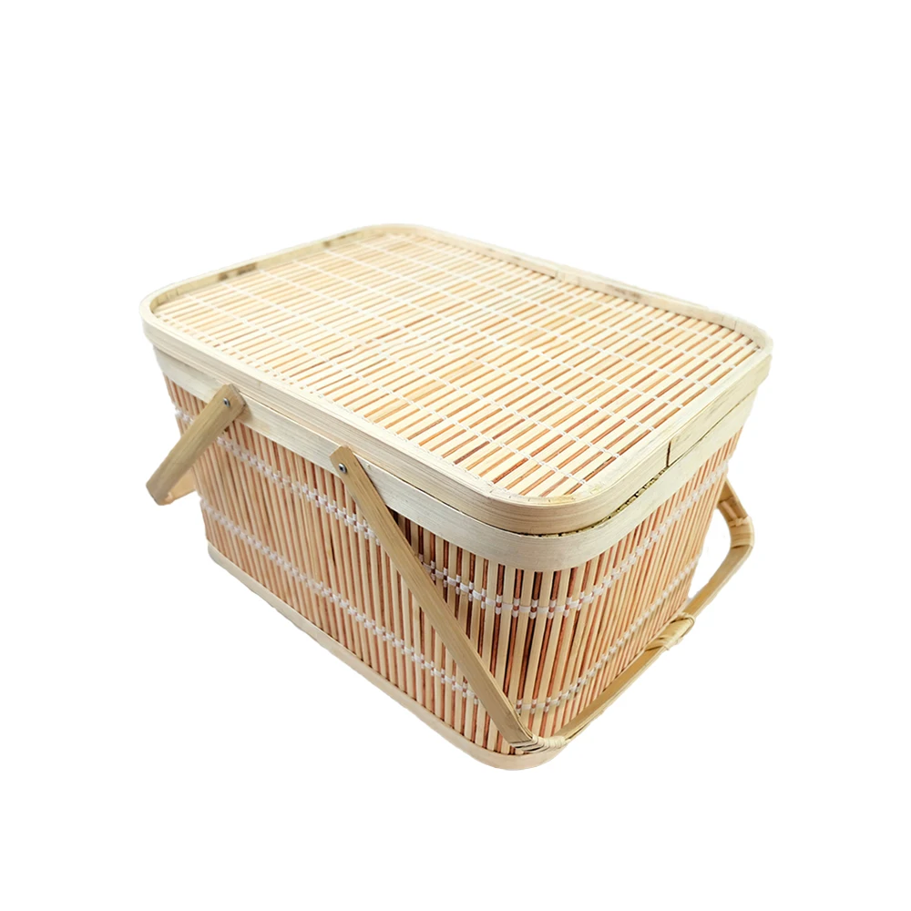 Bamboo Picnic Basket with Double Folding Handles, Natural Woven Basket, Gift Packing Woven Basket