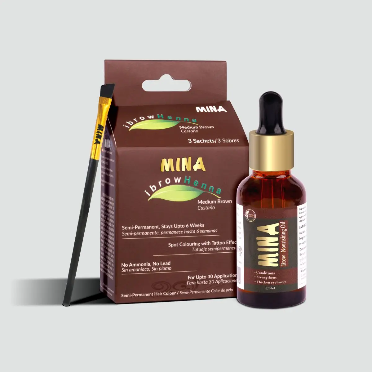 Mina ibrow Natural Medium Brown Henna Eyelash Tint Semi Permanent Dye Hair Brow Nourishing Oil 30ml With 1- Piece Makeup Brush
