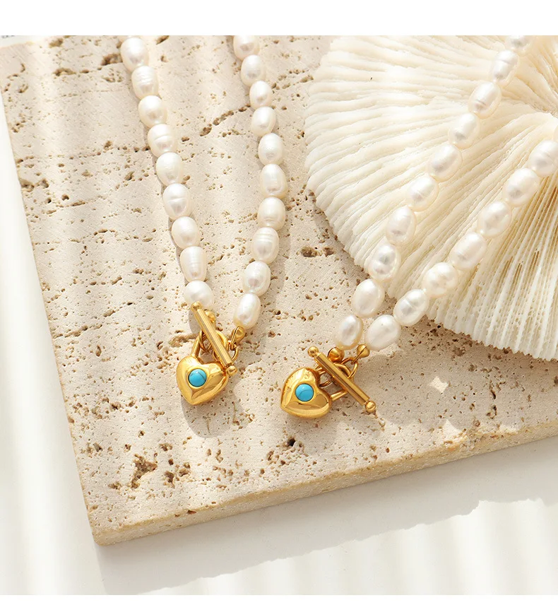 Aimgal 5mm natural freshwater pearl necklace blue turquoise lock pendant 316L stainless steel plated 18k gold