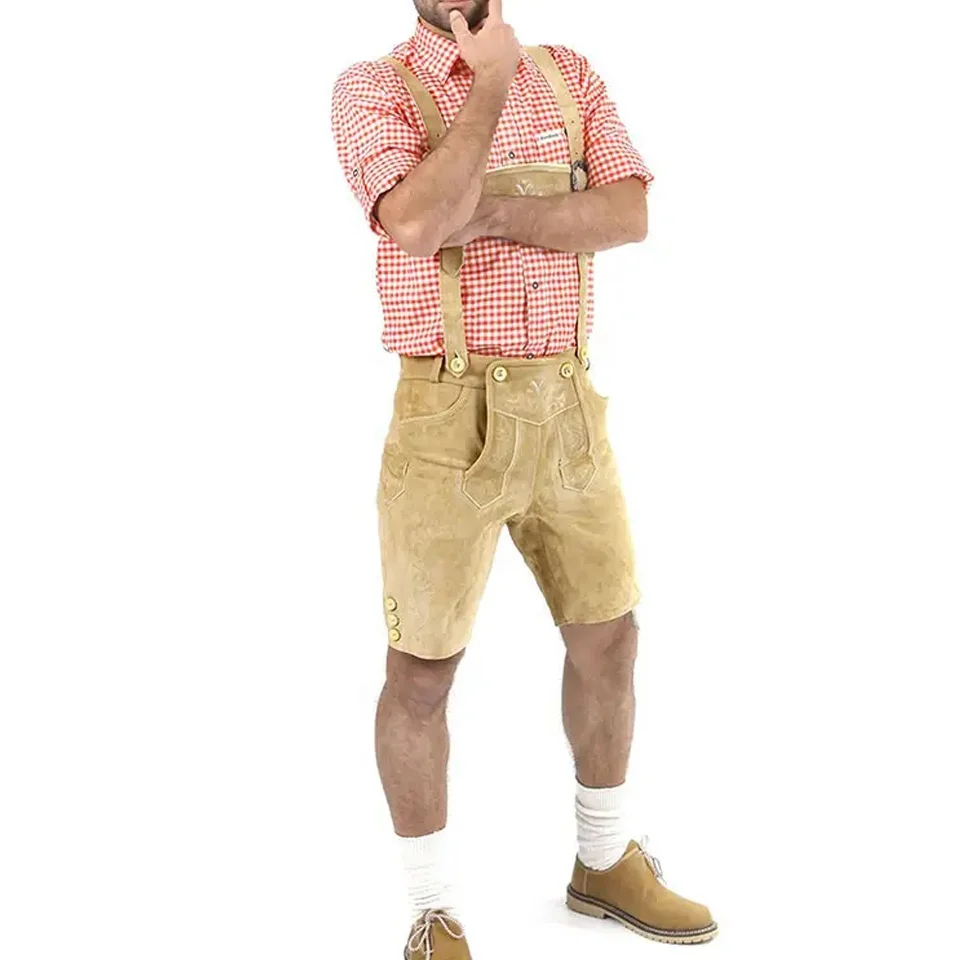 Traditional Leather Shorts Plus Strap Leather Pants Flatter Pants Green Embroidered Bavarian Shorts  Men Bavarian Lederhosen