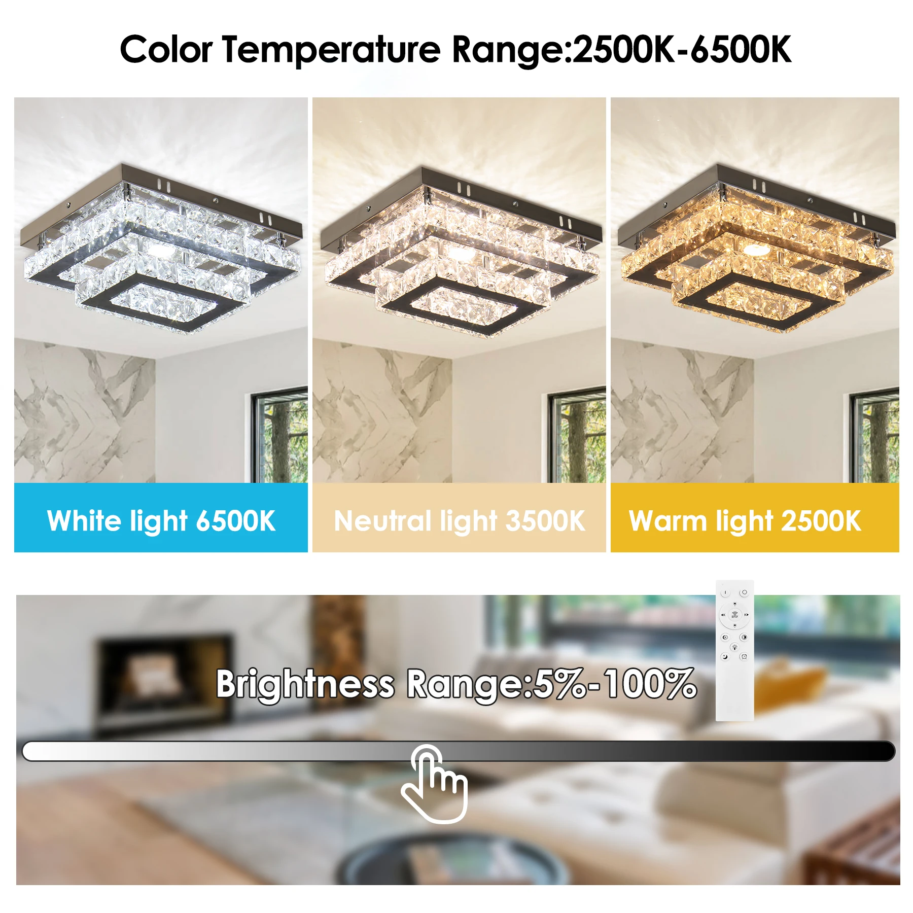 Dimmable Rectangular LED Crystal Ceiling Light  Double Layer Flush Mount Chandelier lamp Fixtures for Living Room Dining Room