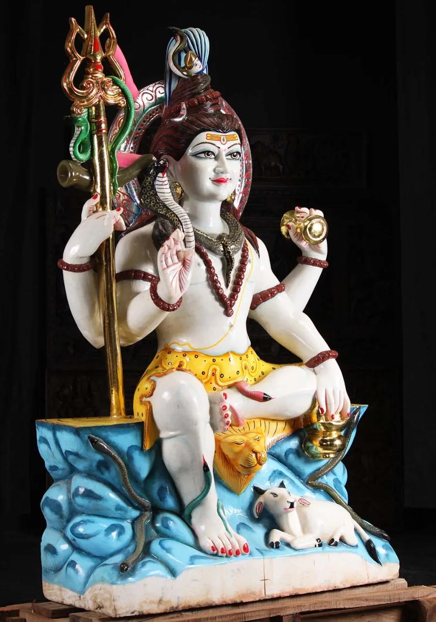 New arrival product Of 2022 Large Painted White Marble Shiva Murti Holding Drum Trident & Pot with Nandi & Cobras From India