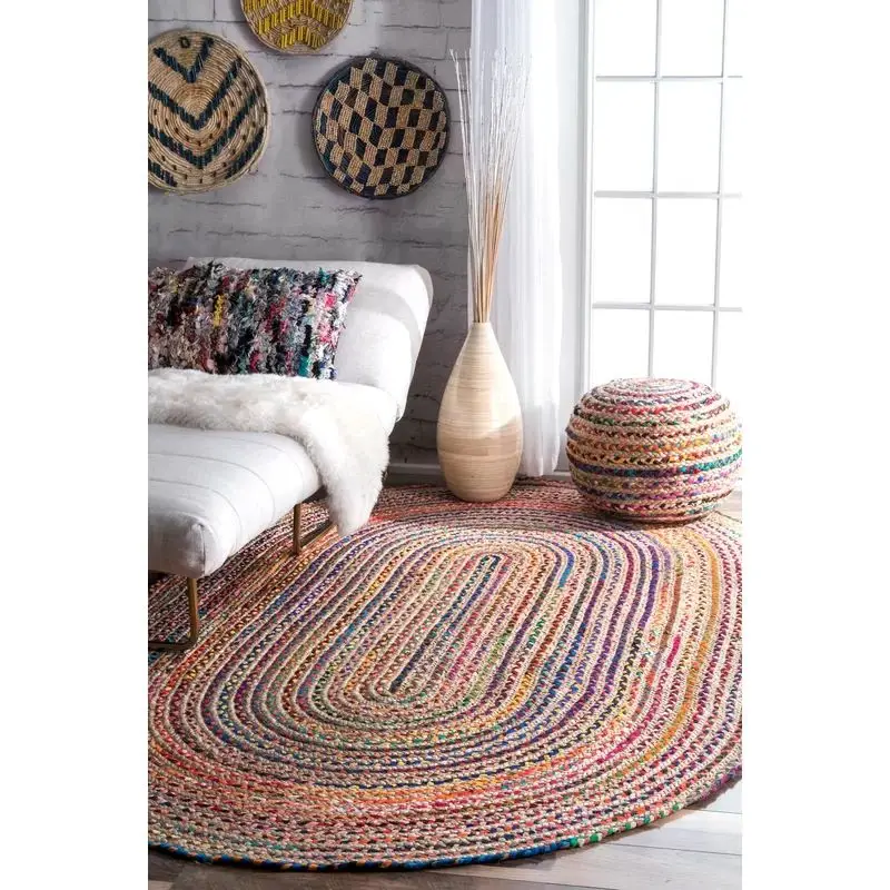 Stylish Multi-Color Jute Cotton Chindi Area Rug Set Durable Indoor Flooring Office Dining Room Living Room Door Pattern Printed