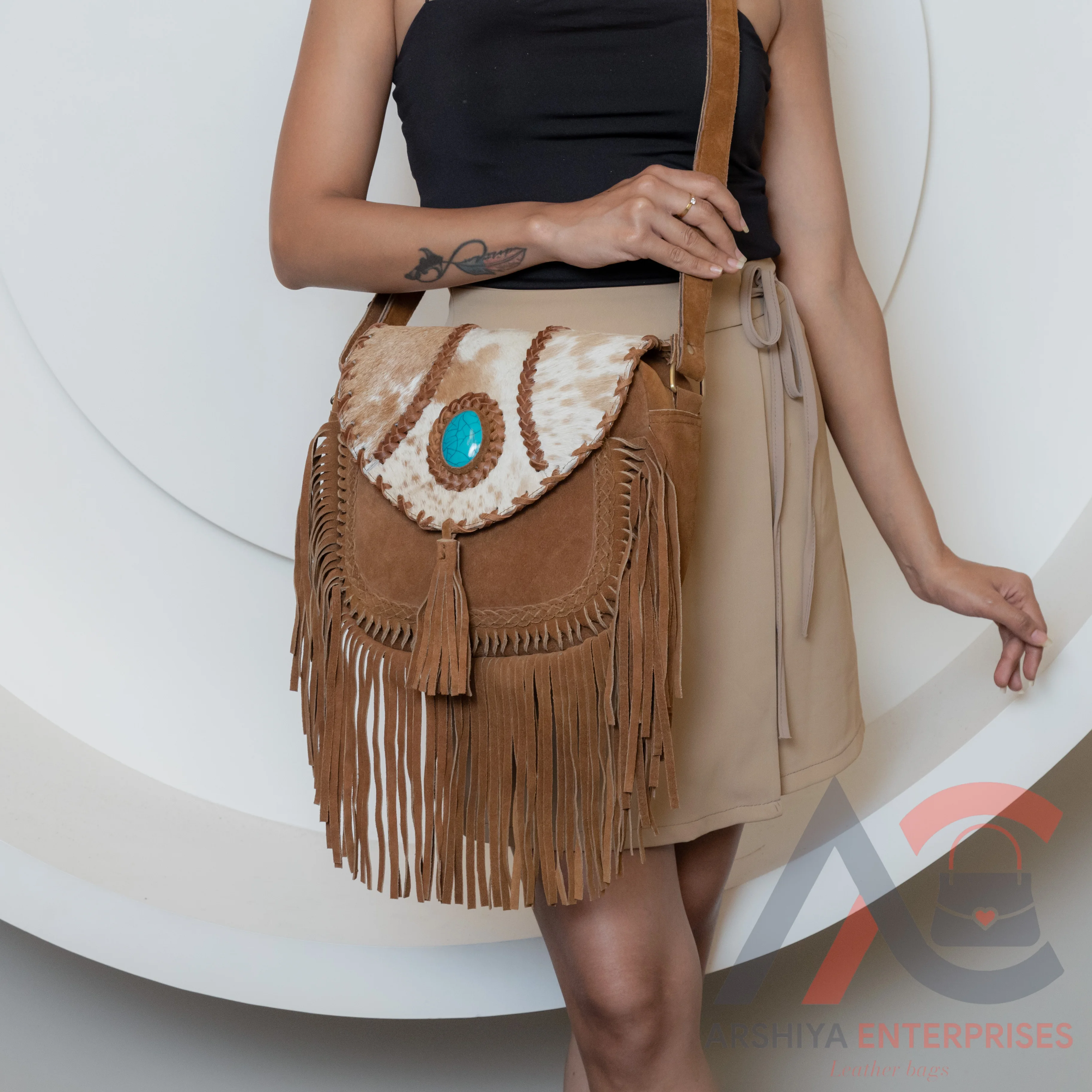 Real Cowhide Fringe Handbag Turquoise Stone Sling Bag Gypsy Boho Vintage Handmade New Design Bag Multi Uses Stylish Bags