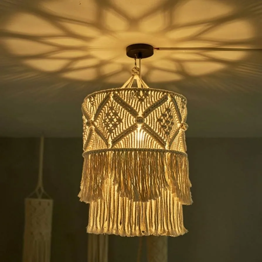 Macrame Lamp Shade Boho Hanging Pendant Light Cover Bohemian Lamps for Bedroom Living Room 100% Cotton Cord Premium Quality